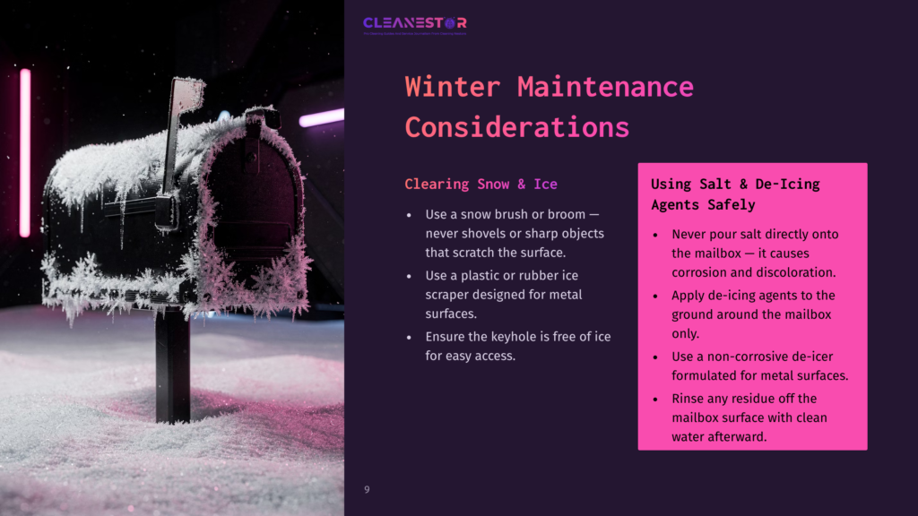 9 Winter Maintenance Considerations A Snow-Covered Mailbox With A Frosted American Flag Stands In A Snowy Landscape, Illuminated By Pink And Purple Lights. The Image Includes The Text &Quot;Cleanestor&Quot; And &Quot;Winter Maintenance Considerations.