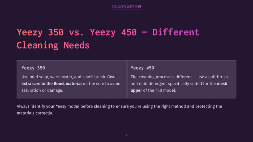 9 Yeezy 350 Vs Yeezy 450 Different Cleaning Needs Comparison Of Yeezy 350 And Yeezy 450 Cleaning Methods, Highlighting Specific Care For The Yeezy 350 Boost Material And Mild Detergent For The Yeezy 450.