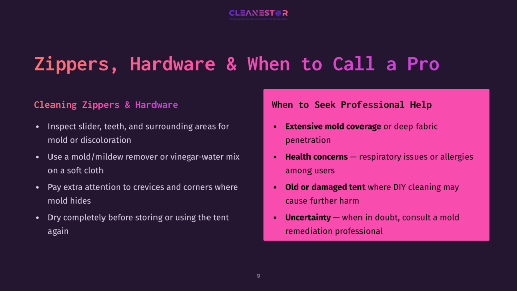 Slide Titled &Quot;Zippers, Hardware &Amp; When To Call A Pro&Quot; From Cleanestor, Detailing Cleaning Zippers And Hardware, And When To Seek Professional Help For Mold And Mildew Issues.