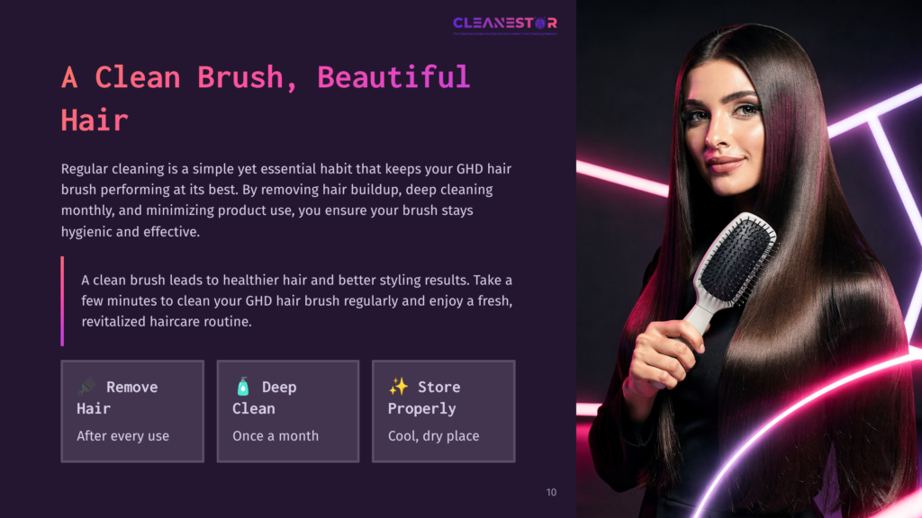 10 A Clean Brush Beautiful Hair A Woman With Long, Dark, Shiny Hair Smiles As She Holds A White Hairbrush With Pink Bristles, Showcasing The Cleanestar Logo And Text About Clean Hairbrushes.