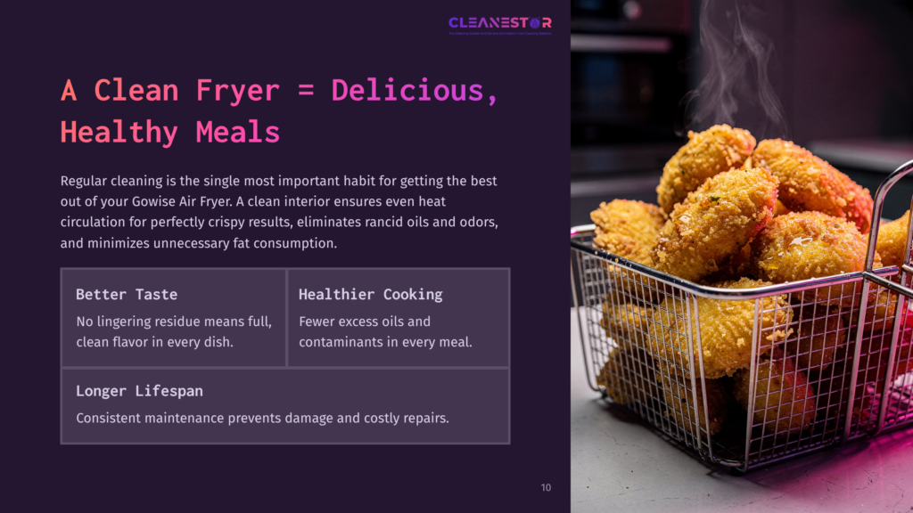 Crispy Fried Chicken Pieces In A Metal Basket, Steam Rising, With Text Overlay About &Quot;A Clean Fryer = Delicious, Healthy Meals&Quot; And Benefits Of A Clean Air Fryer.