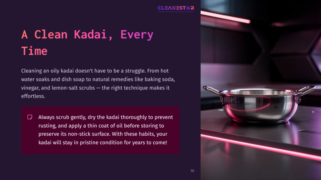 A Shiny Stainless Steel Kadai On A Sleek Countertop With Pink Ambient Lighting, Accompanied By Cleaning Tips In Bold Text.