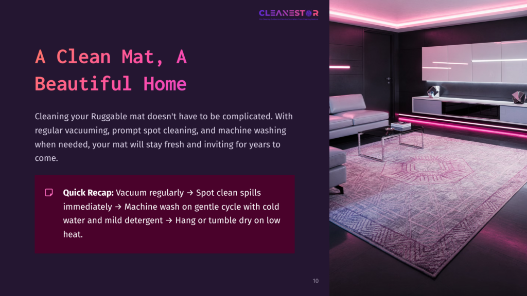 A Modern Living Room With A Large, Pink Geometric Rug, A Sectional Sofa, And A Sleek Entertainment Center. The Text Overlay Reads &Quot;A Clean Mat, A Beautiful Home&Quot; And &Quot;Cleanestar.