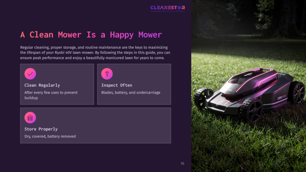 A Sleek, Futuristic Ryobi 40V Cordless Mower With Purple And Black Accents Sits On A Vibrant Green Lawn, Ready To Deliver A Perfectly Manicured Lawn. The Text &Quot;Cleanestar&Quot; And &Quot;A Clean Mower Is A Happy Mower&Quot; Are Visible.