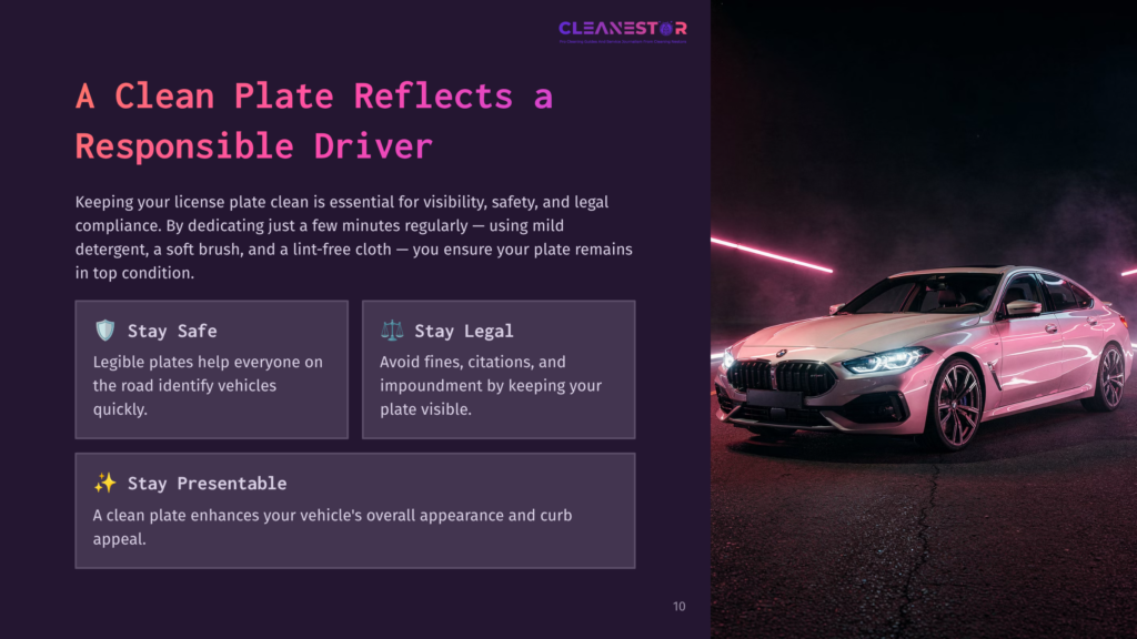 A Sleek Car Parked Under Purple Lights, Showcasing A Clean License Plate With Highlighted Sections For Safety, Legality, And Presentation Tips.