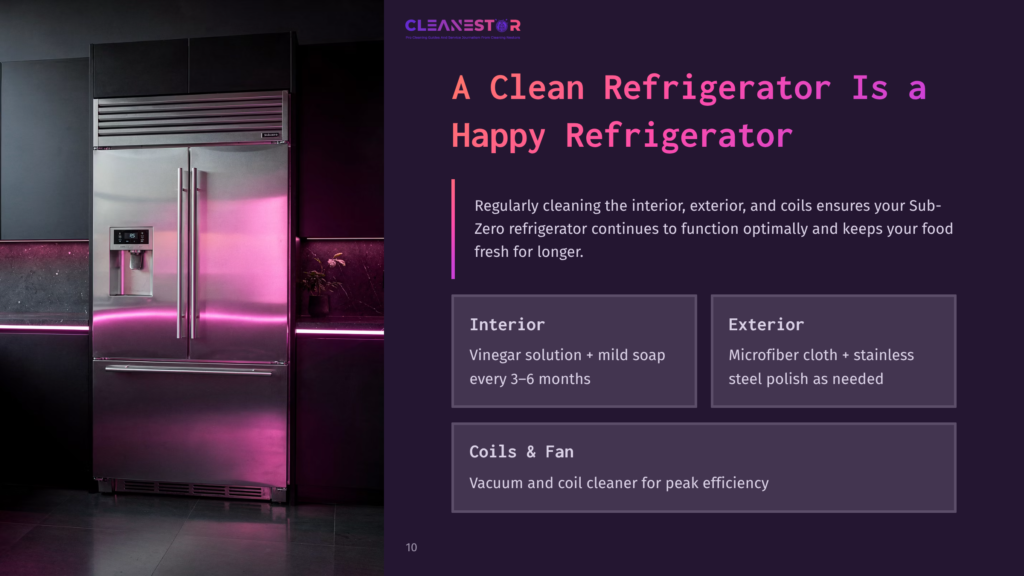 A Modern Stainless Steel Sub-Zero Refrigerator With Pink Led Lighting, Featuring A Text Overlay From Cleanestor About Refrigerator Cleaning Tips.