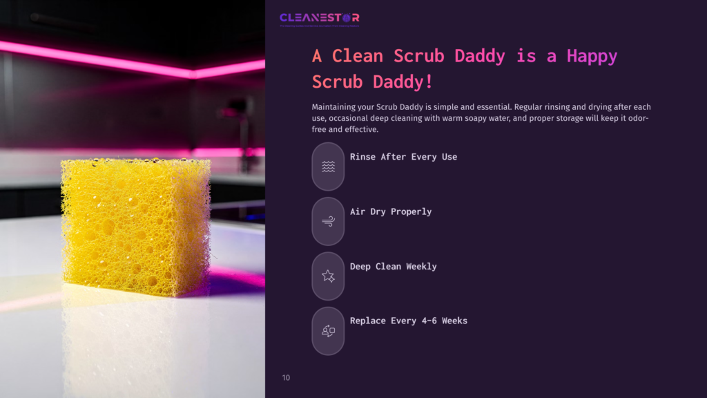 A Bright Yellow Scrub Daddy Sponge Sits On A Reflective White Surface, With A Blurred Background Of Pink Neon Lights And Kitchen Elements. Text On The Right Side Of The Image Reads &Quot;Cleanestor&Quot; And &Quot;A Clean Scrub Daddy Is A Happy Scrub Daddy!&Quot;.