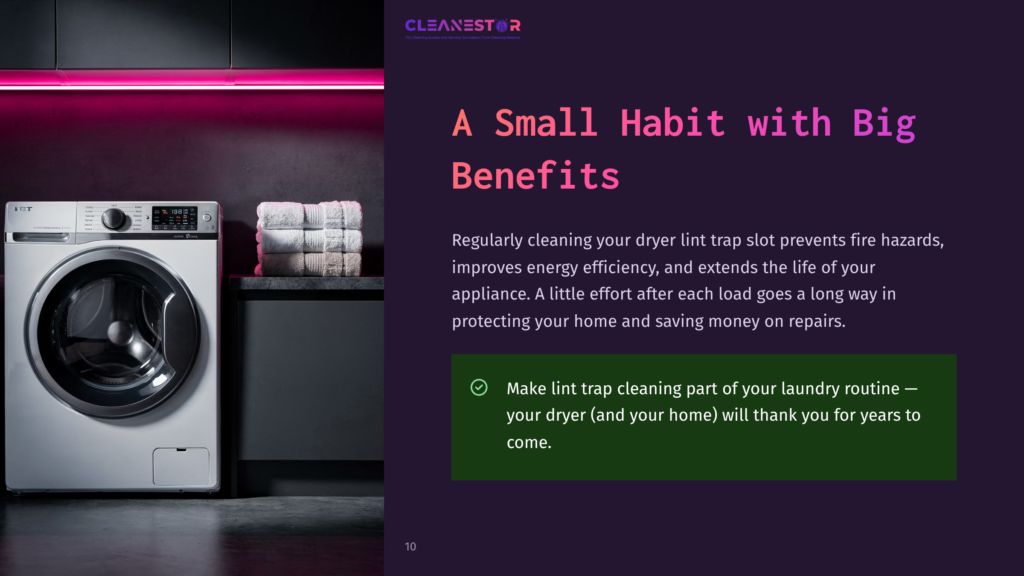 Modern Laundry Room With A Front-Load Washing Machine And Stacked Towels, Featuring A Cleanestor Logo And Text About Dryer Lint Trap Cleaning Benefits For Fire Safety And Energy Efficiency.