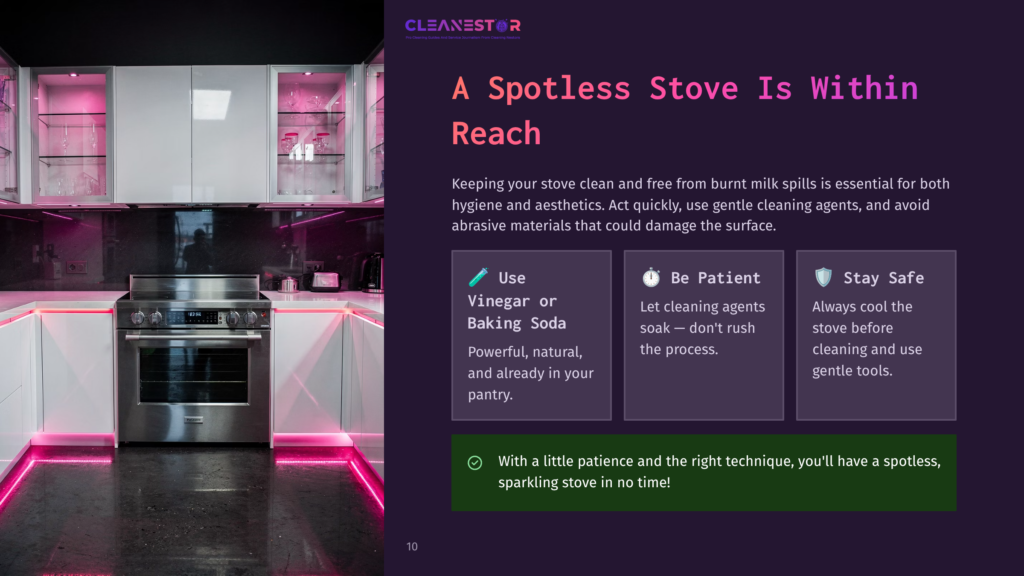 10 A Spotless Stove Is Within Reach A Modern, Sleek Kitchen With White Cabinets And A Stainless Steel Stove, Illuminated By Vibrant Pink Led Strip Lighting. The Image Features Text: &Quot;Cleanestor&Quot; And &Quot;A Spotless Stove Is Within Reach&Quot;.