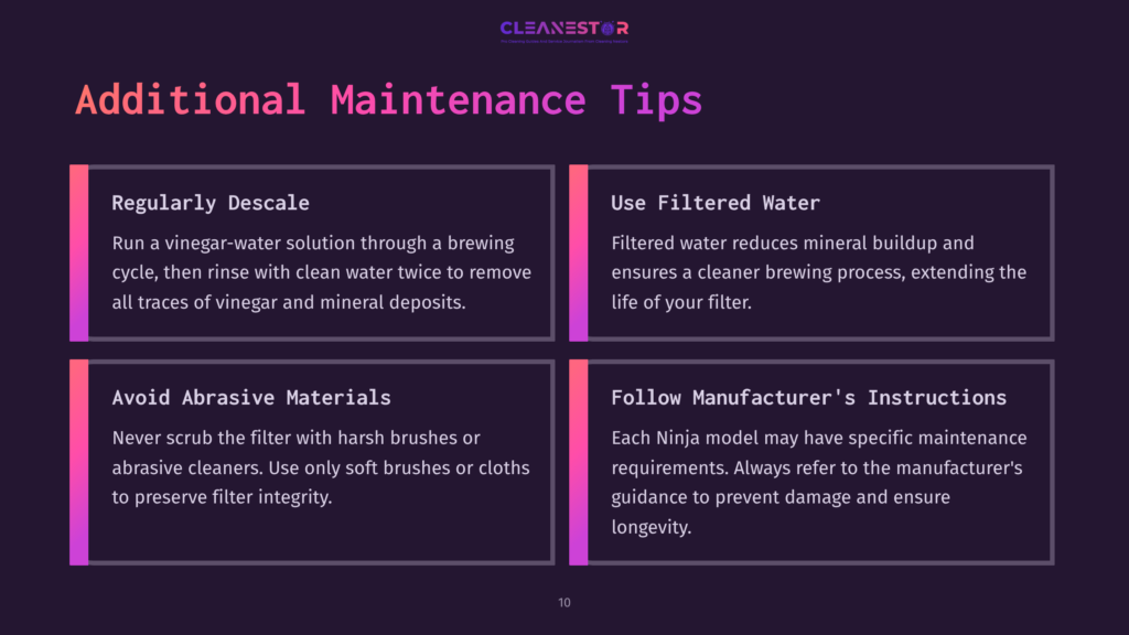 Four Colorful Squares Offering Coffee Maker Maintenance Tips In White Text On A Dark Background, Featuring Icons For Each Tip.