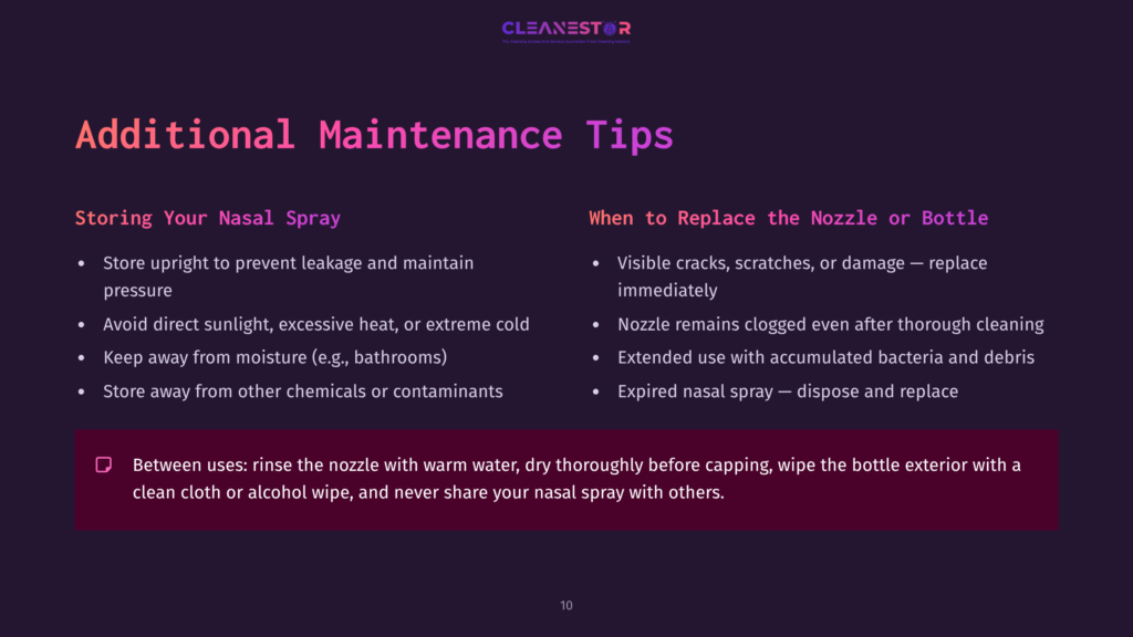 Text-Based Graphic With Maintenance Tips For Nasal Spray, Featuring A Purple Background And White Text, Outlining Cleaning And Replacement Advice.