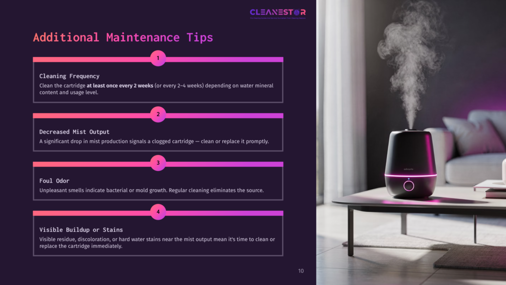 10 Additional Maintenance Tips 2 A Sleek, Black Humidifier With A Glowing Pink Accent Emits A Dense White Mist, Set On A Dark Wooden Table Next To A Plant. To The Left, A Graphic Lists &Quot;Cleanestor&Quot; And &Quot;Additional Maintenance Tips&Quot; With Numbered Points About Cleaning Frequency, Mist Output, Odor, And Buildup.