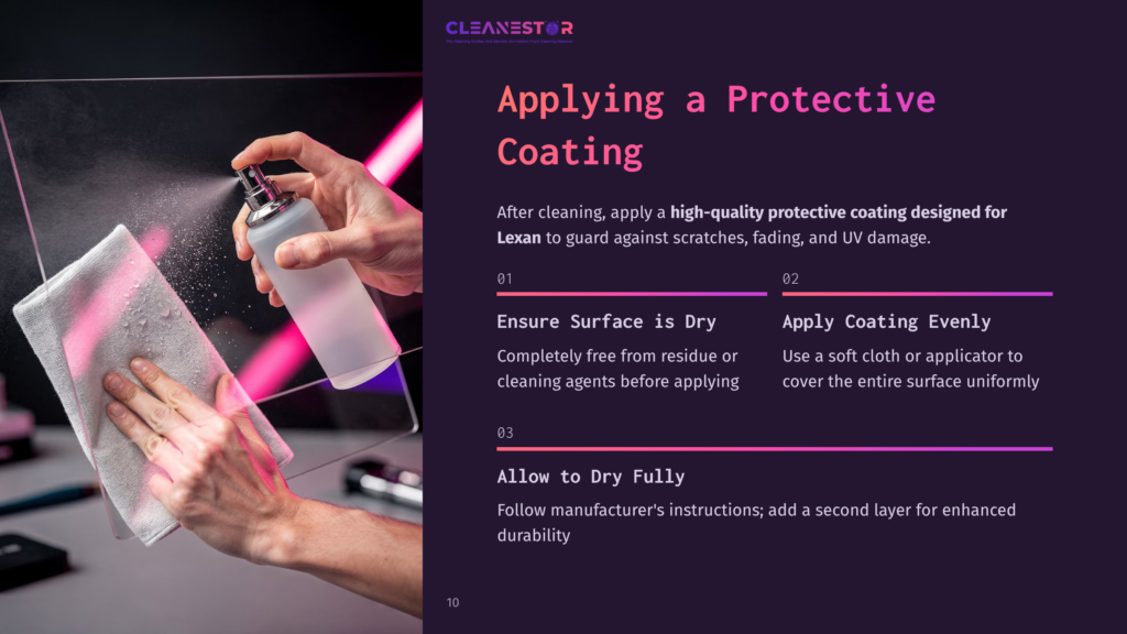 10 Applying A Protective Coating Person Spraying A Protective Coating On A Transparent Surface While Wiping It With A Microfiber Cloth; Bold Text Instructions Displayed.