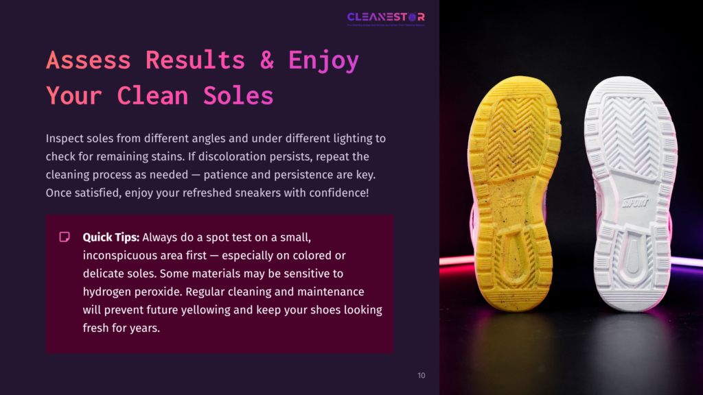 Close-Up Of Two Sneaker Soles: One Bright Yellow And The Other White, Showcasing Their Tread Patterns. Text Overlay Offers Tips For Cleaning And Maintaining Sneakers.