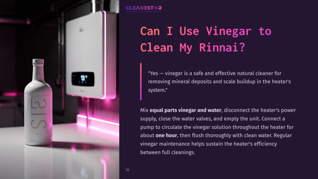 Bottle Of Vinegar Next To A Tankless Water Heater, With Instructions On Cleaning And Maintaining The Unit In Purple And White Text.