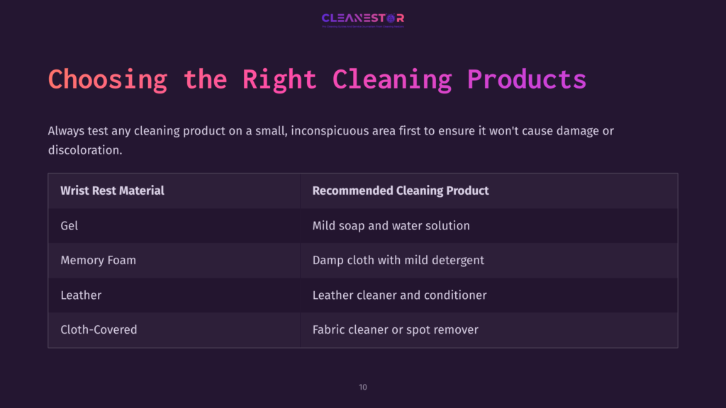Table Listing Wrist Rest Materials Alongside Recommended Cleaning Products, Featuring A Dark Purple Background And Colorful Headings.