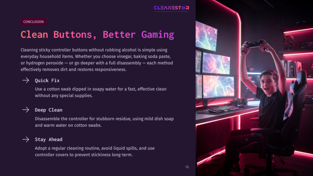 10 Clean Buttons Better Gaming A Person Sits At A Gaming Desk With Neon Lights, Holding A Game Controller. Multiple Screens Display Game Content In The Background.