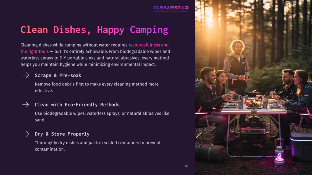 A Group Of Friends Enjoys A Meal At A Campsite During Sunset, With Warm Golden Light Illuminating The Scene And The Forest In The Background. The Text &Quot;Cleanestor&Quot; Is Visible.