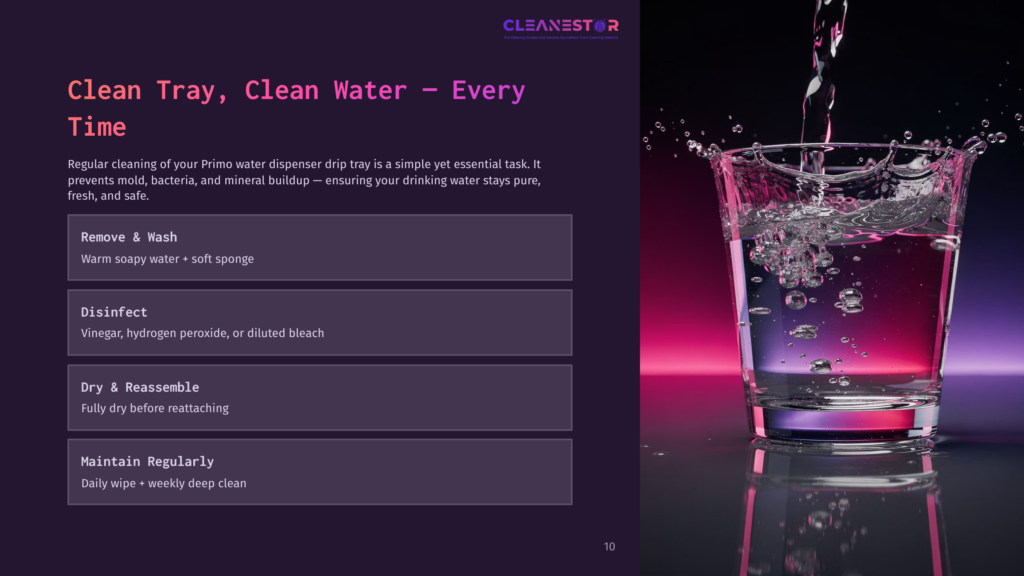 Close-Up Of Water Splashing Into A Clear Glass, With Pink And Purple Light Reflecting On The Water And Glass. Text Overlay From Cleanstor Reads &Quot;Clean Tray, Clean Water - Every Time.