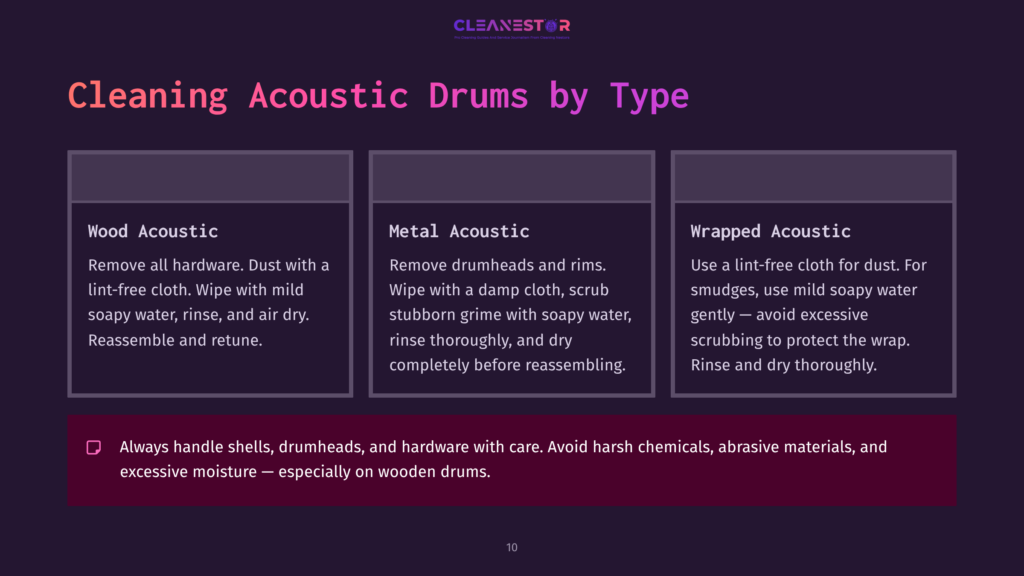 Three Sections Outlining Drum Cleaning Methods: &Quot;Wood Acoustic,&Quot; &Quot;Metal Acoustic,&Quot; And &Quot;Wrapped Acoustic,&Quot; With Cleaning Tips And Warnings.