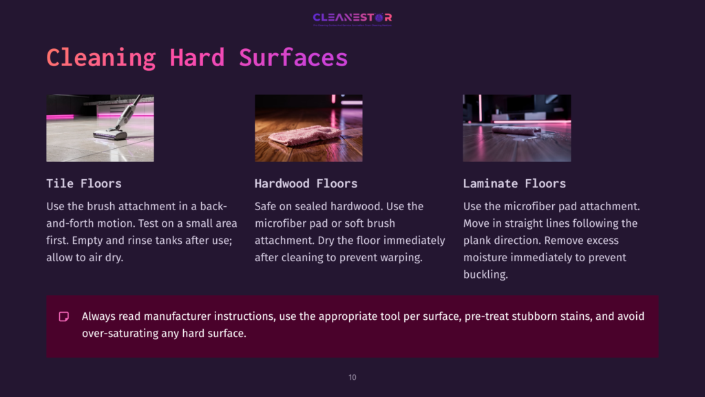 Three Images Showing How To Clean Tile, Hardwood, And Laminate Floors With A Cleaning Device. The First Image Shows A White Cleaning Device On A Tiled Floor. The Second Image Shows A Mop On A Hardwood Floor. The Third Image Shows A Mop On A Laminate Floor.