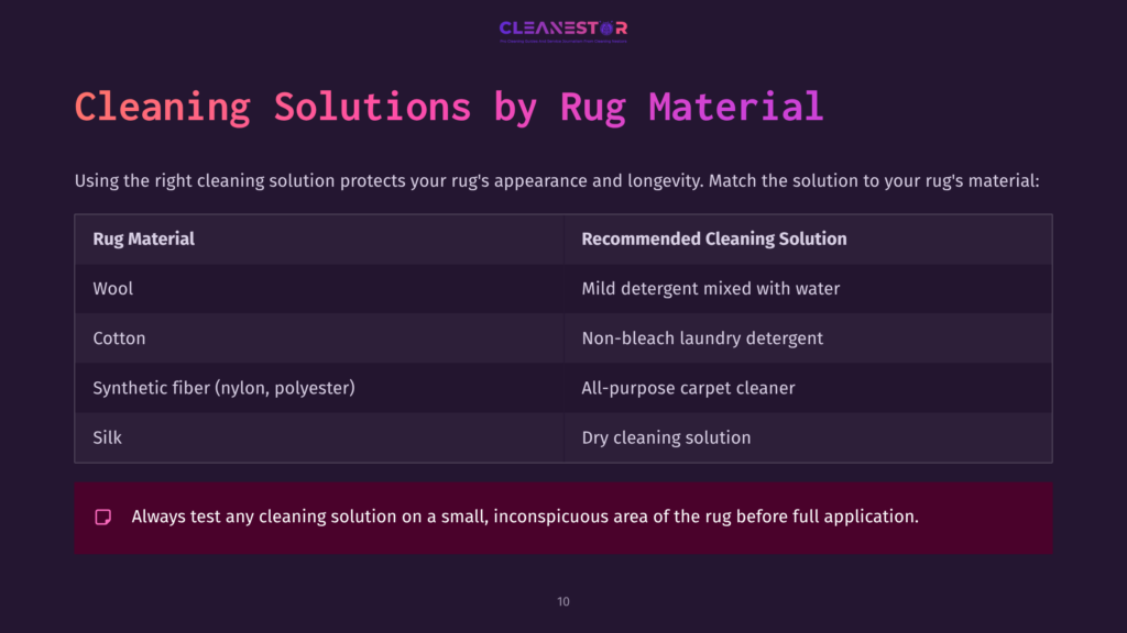 Table Displaying Rug Materials And Their Recommended Cleaning Solutions, With A Dark Background And Colorful Text Accents.