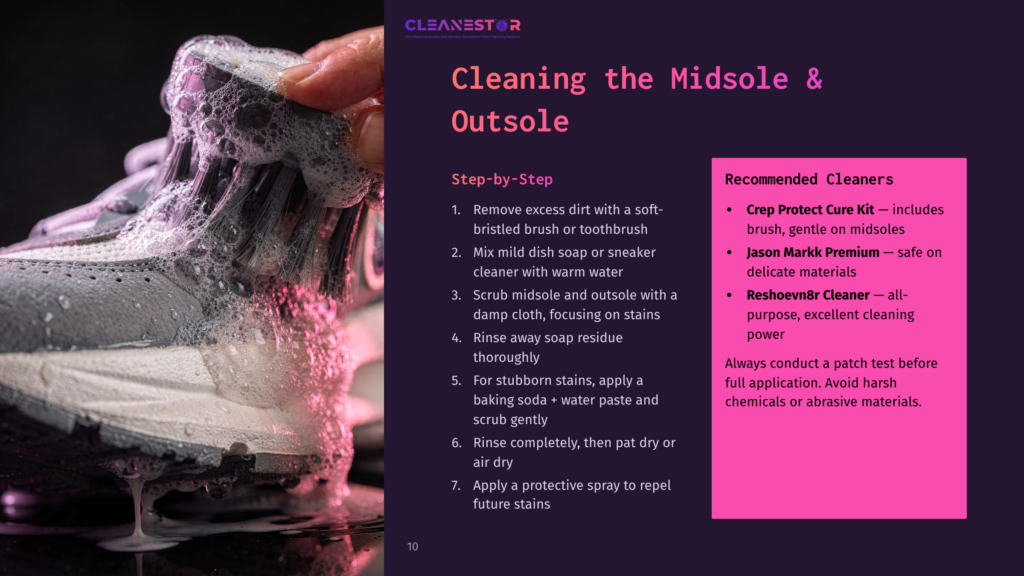 10 Cleaning The Midsole And Outsole A Shoe Being Cleaned With A Brush And Soapy Water, Surrounded By Bubbles; Instructions And Product Recommendations On The Side.