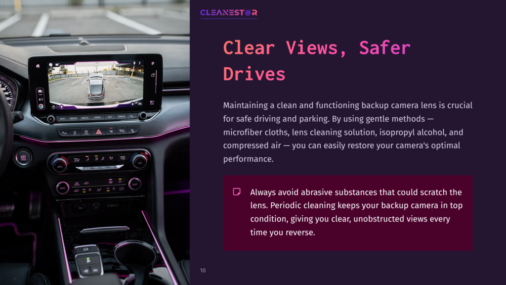 10 Clear Views Safer Drives A Car Dashboard With A Touchscreen Displaying A Backup Camera View, Accompanied By Purple Accents And Instructions For Lens Cleaning.