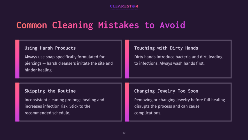 10 Common Cleaning Mistakes To Avoid Text On A Dark Background Highlights Common Cleaning Mistakes For Piercings, Using Purple And White Fonts, With Key Points Emphasized.