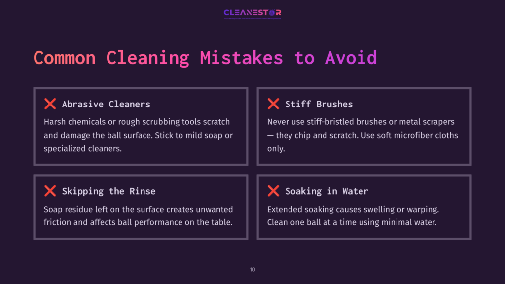 Visual Guide Outlining Common Cleaning Mistakes For Billiard Balls, Featuring Red Cross Marks On A Dark Background With Concise Text Descriptions.