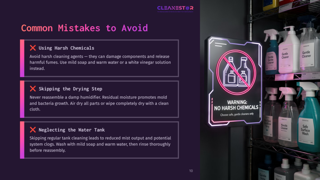 10 Common Mistakes To Avoid Infographic Listing Common Mistakes To Avoid When Cleaning, With Warnings About Harsh Chemicals, Skipping Drying, And Neglecting The Water Tank. A Neon Sign Displays &Quot;Warning: No Harsh Chemicals.