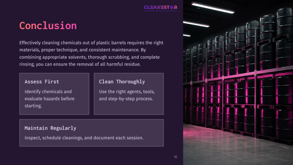 A Dark Warehouse With Stacked Plastic Barrels And Pink Lighting, Featuring A List Of Steps For Cleaning Chemicals From Barrels.