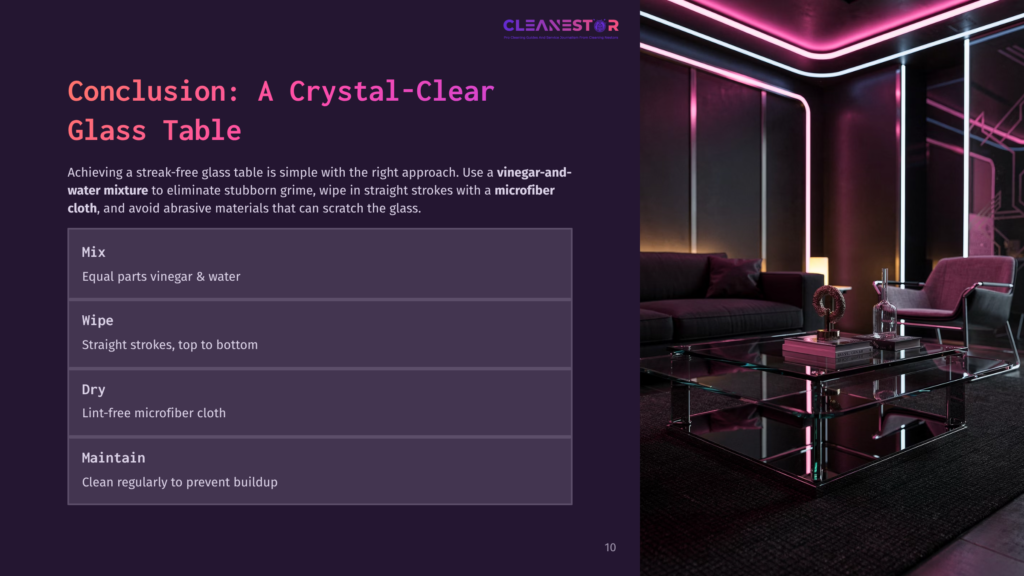 A Stylish Glass Table With A Modern Design Sits In A Dimly Lit Room Featuring Vibrant Purple And Pink Lighting, With A Seating Area In The Background.