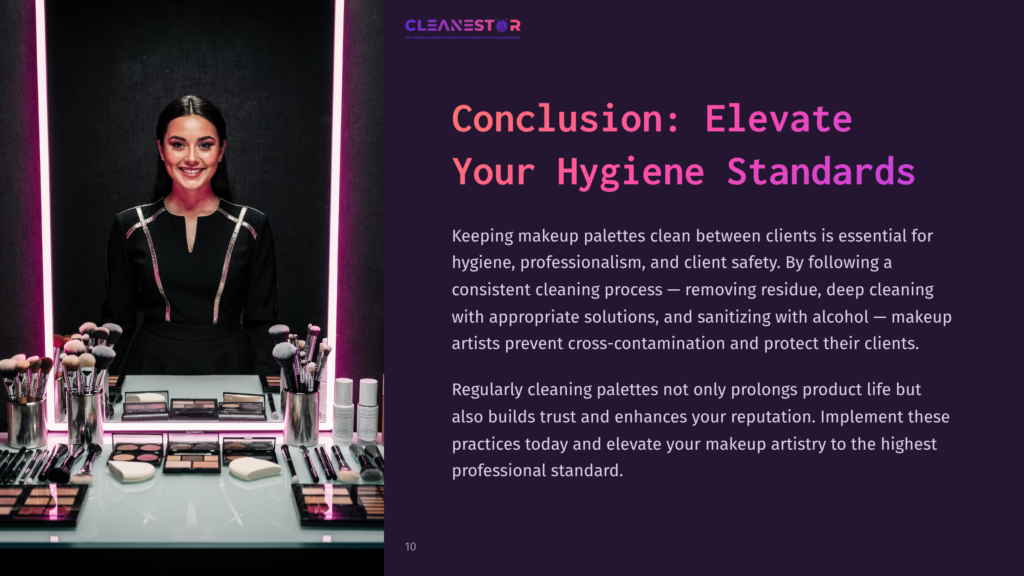 A Smiling Makeup Artist Stands Behind A Cluttered Table With Various Makeup Palettes And Tools, Emphasizing Professionalism And Hygiene.