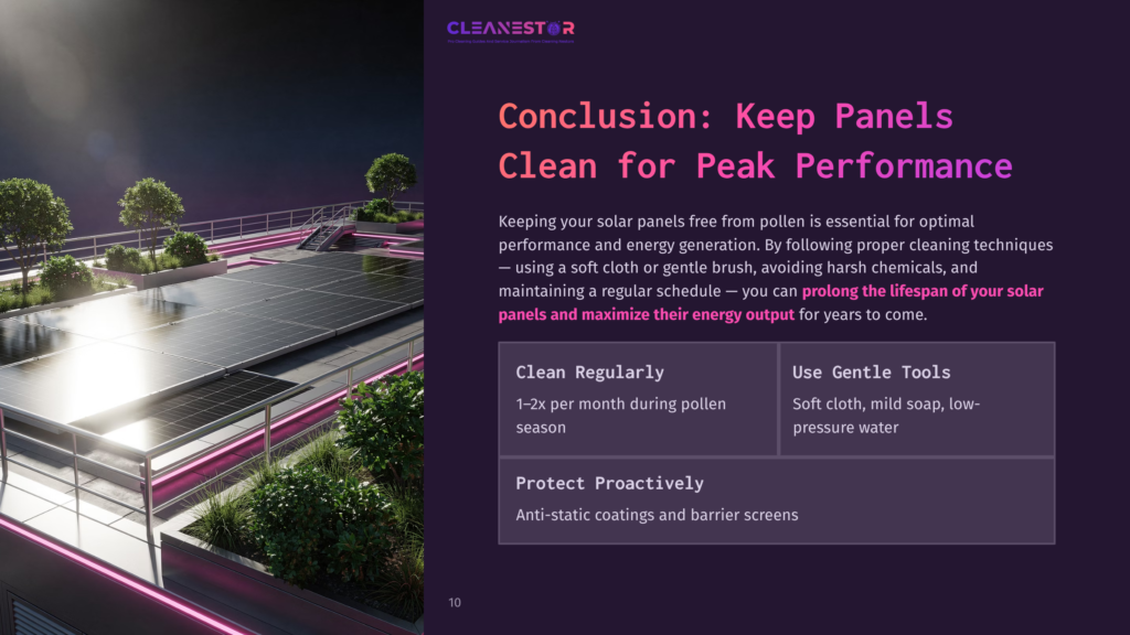 Graphic With A Purple Background Featuring A Solar Panel Layout, Tips For Cleaning Pollen, And A Checklist With Visuals Of Cleaning Tools.