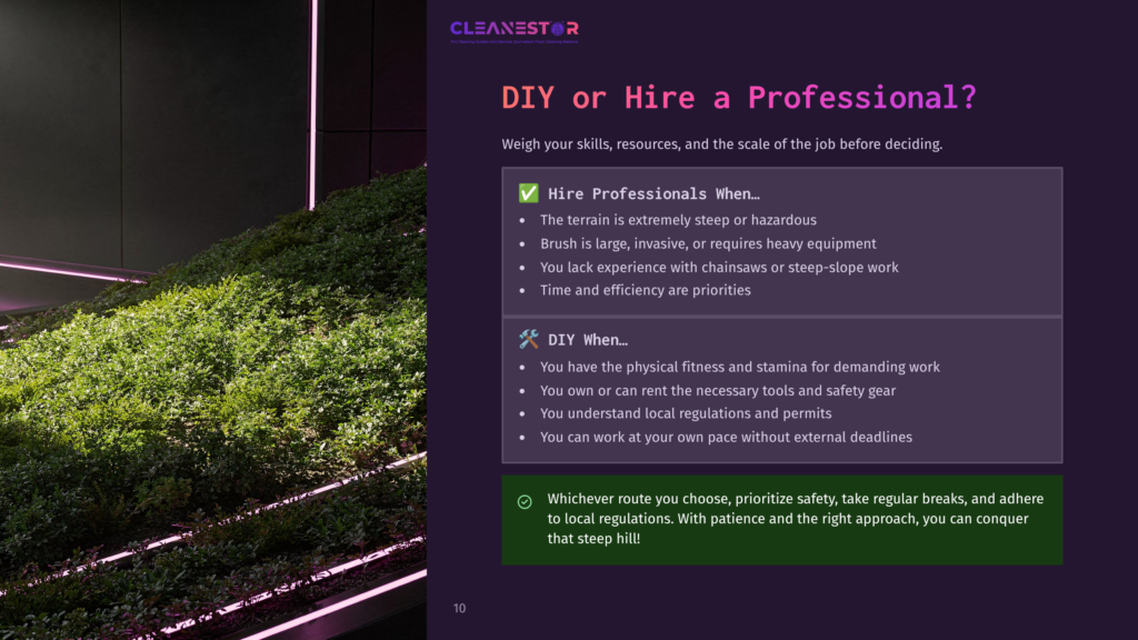 10 Diy Or Hire A Professional Cleanestor Diy Or Hire A Professional? Weigh Your Skills, Resources, And The Scale Of The Job Before Deciding. Hire Professionals When... Brush Is Large, Invasive, Or Requires Heavy Equipment. Diy When... You Have The Physical Fitness And Stamina For Demanding Work. Whichever Route You Choose, Prioritize Safety, Take Regular Breaks, And Adhere To Local Regulations.