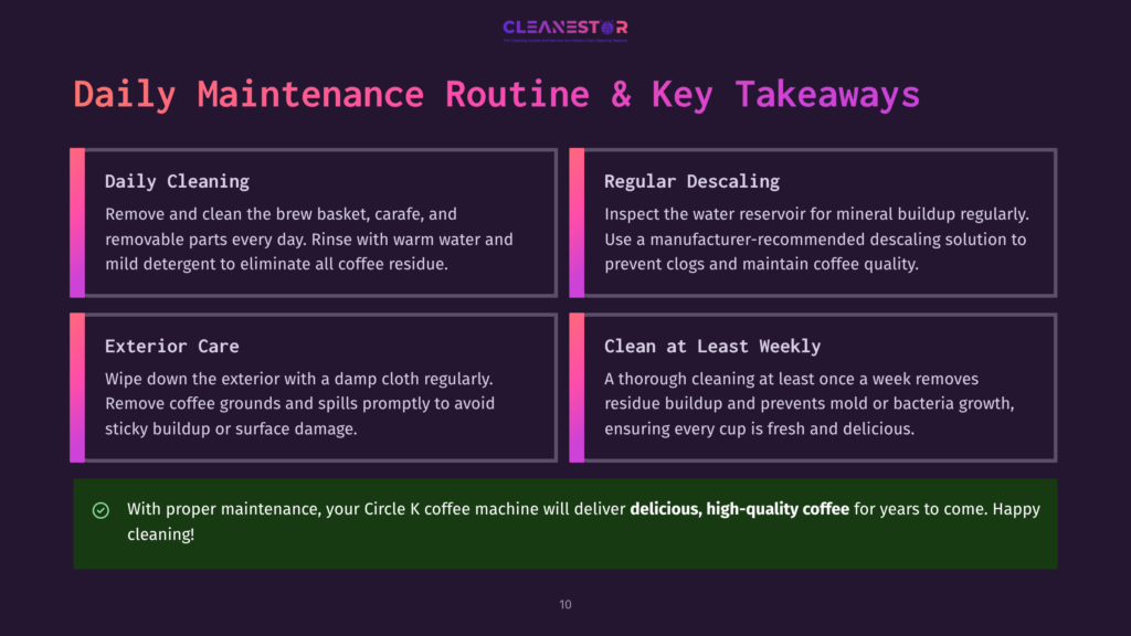 Cleanestor Logo Above A Graphic Detailing Daily Maintenance Routine For A Coffee Machine: Daily Cleaning, Regular Descaling, Exterior Care, And Cleaning At Least Weekly. The Graphic Emphasizes Proper Maintenance For Delicious Coffee.
