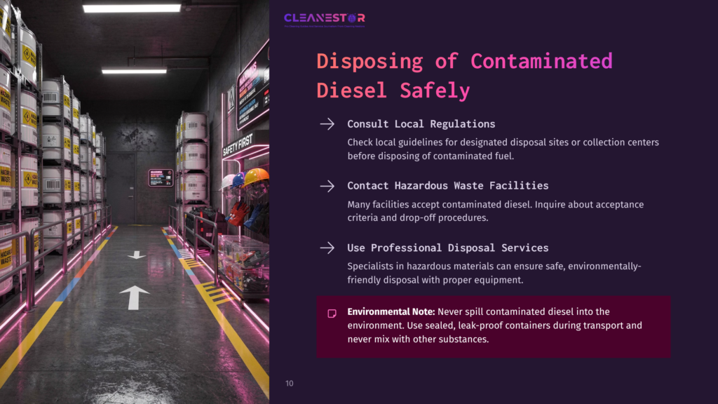 A Dimly Lit Corridor Lined With Shelves Of Fuel Containers, With Safety Information On The Wall About Disposing Of Contaminated Diesel Responsibly.