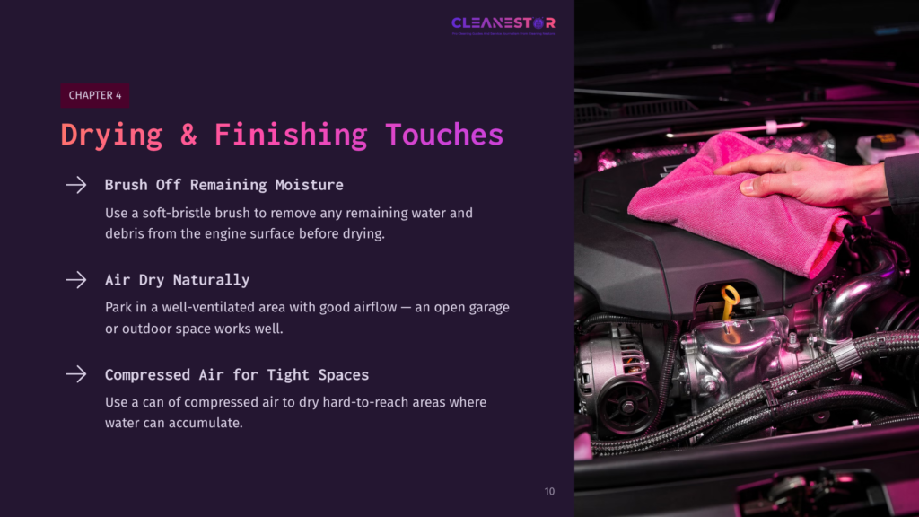 10 Drying And Finishing Touches Close-Up Of A Person'S Hands In A Well-Lit Engine Bay, Using A Pink Microfiber Cloth To Dry A Car Engine. Text On The Left Reads &Quot;Drying &Amp; Finishing Touches&Quot; And &Quot;Air Dry Naturally&Quot;.