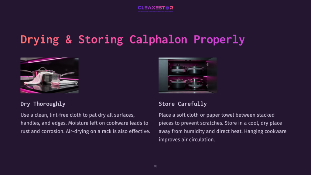Two Sections On A Dark Purple Background: The Left Shows A Drying Method With Cookware, While The Right Details Careful Storage Tips.