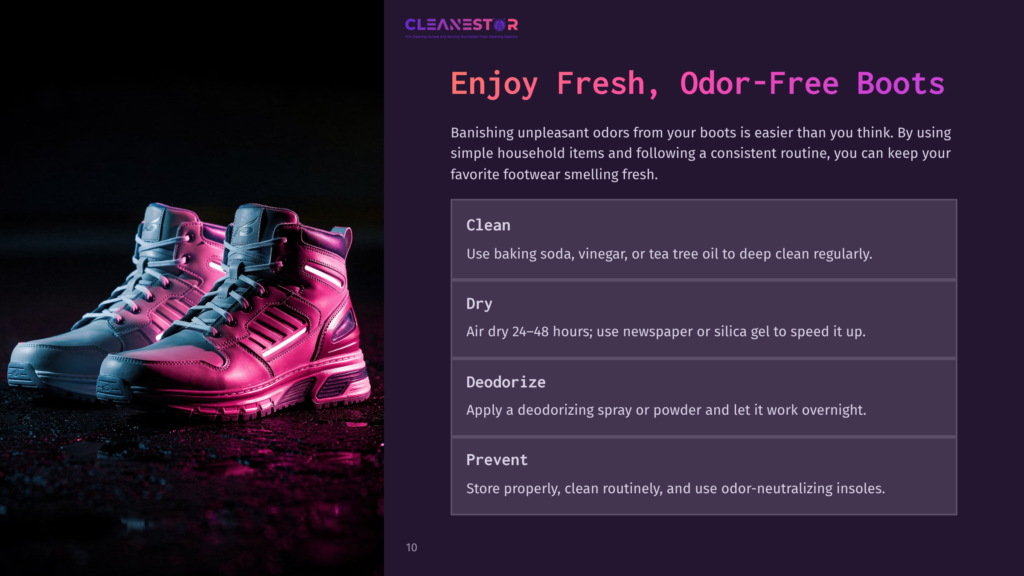 Two Stylish, High-Top Sneakers, One Blue And One Pink, Sit On A Wet, Reflective Surface. The Image Is Part Of A &Quot;Cleanestor&Quot; Graphic Detailing How To Enjoy Fresh, Odor-Free Boots.