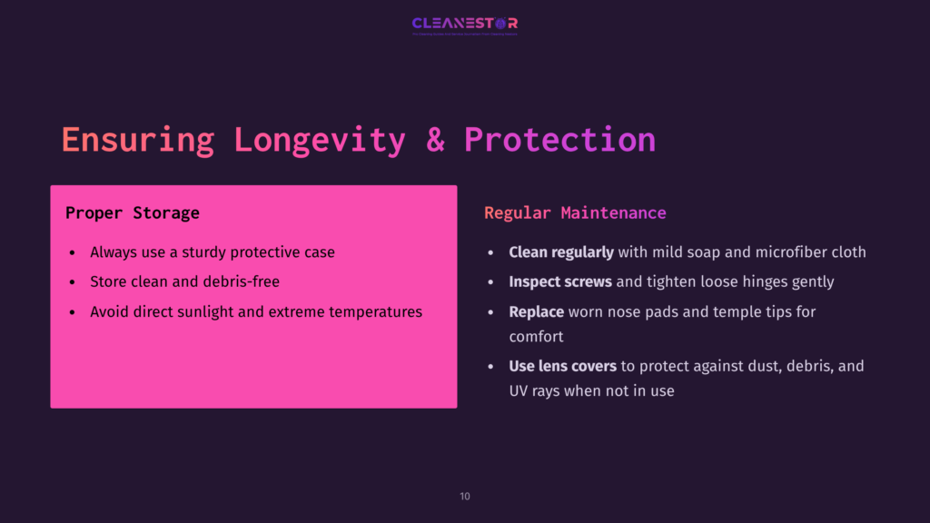Text On A Dark Background Highlights Tips For Maintaining Oakley Sunglasses, Featuring A Bold Pink Section Title And Bullet Points In White.