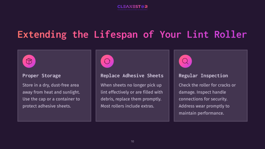 10 Extending The Lifespan Of Your Lint Roller Infographic Titled &Quot;Extending The Lifespan Of Your Lint Roller&Quot; With Three Sections: Proper Storage, Replace Adhesive Sheets, And Regular Inspection, Offering Tips For Maintaining Lint Rollers.