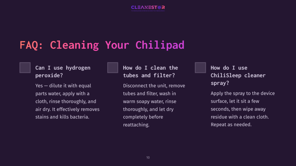 Text On A Dark Purple Background With White Headings And Grey Boxes. Instructions For Cleaning A Chilipad, Including Peroxide And Soapy Water Methods.