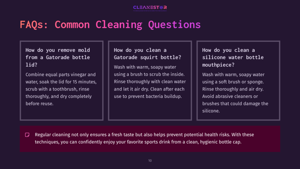 Text On A Dark Background Detailing Faqs On Cleaning Gatorade Bottles, With Sections On Methods And Tips Highlighted.