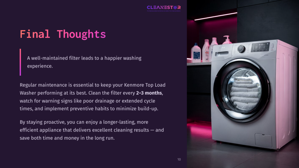 A Modern Kenmore Top-Load Washing Machine With A Clear Door, Filled With Neatly Folded White Towels, Sits In A Dimly Lit Laundry Room With Pink Accent Lighting. The Text &Quot;Cleanestor&Quot; And &Quot;Final Thoughts&Quot; Are Visible.