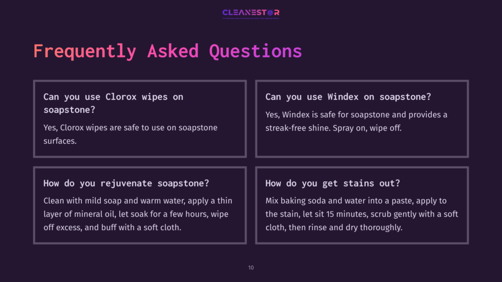 10 Frequently Asked Questions 1 Four Faq Boxes With White Text On A Dark Background. Questions About Cleaning Soapstone Appear With Colorful Headings And Clear Formatting.