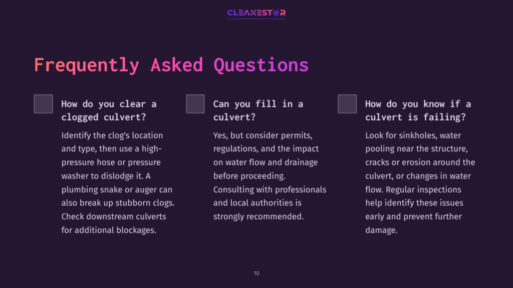 Text Layout With Questions About Culvert Maintenance, Featuring Checkboxes And Bullet Points, Against A Dark Purple Background.