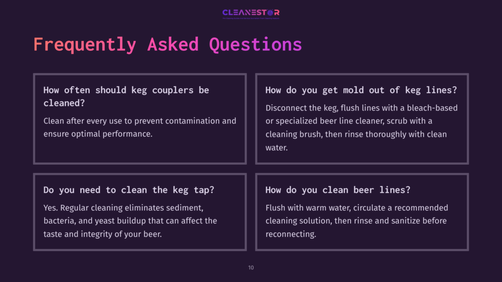 Four Text Boxes With Faqs About Keg Cleaning; Topics Include Mold Removal, Keg Tap Cleaning, And Maintaining Beer Lines, On A Purple Background.