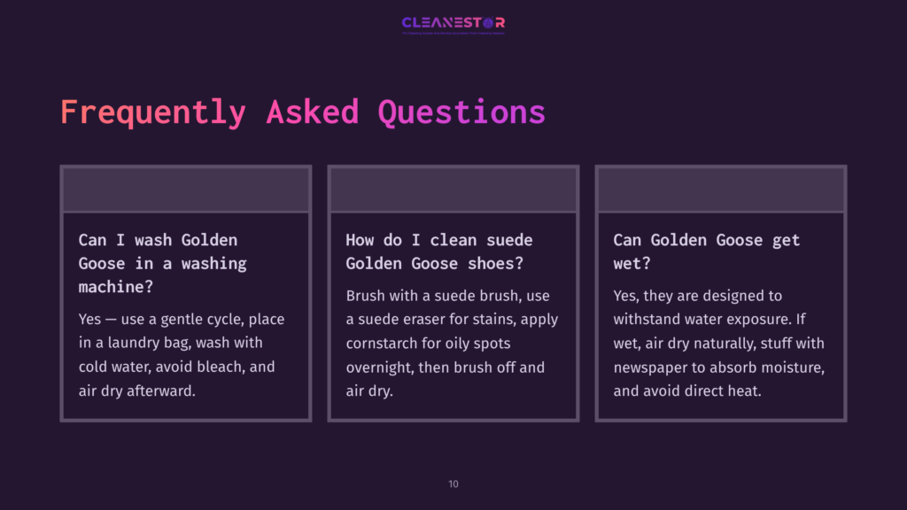 Text On A Dark Purple Background With Three White Boxes. Each Box Features A Question And Detailed Answer About Cleaning Golden Goose Shoes.